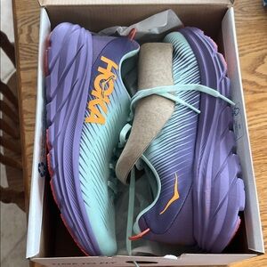Hoka Athletic Shoes in Purple and Aqua with Orange Details